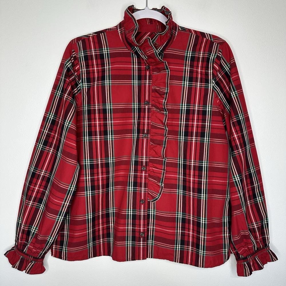 J Crew Poplin Plaid Shirt Sz 12 Cottage Red Organic Cotton Preppy Ruffles